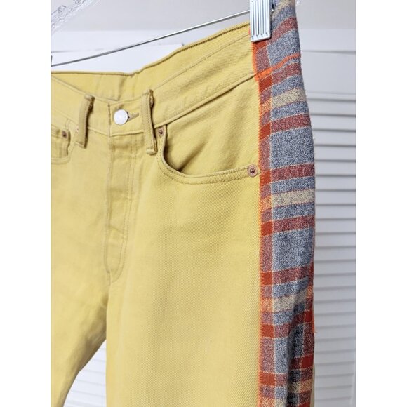 Levi's 501 Vintage 90s Yellow Denim Jeans With Gingham Plaid Side Panels - Picture 4 of 8